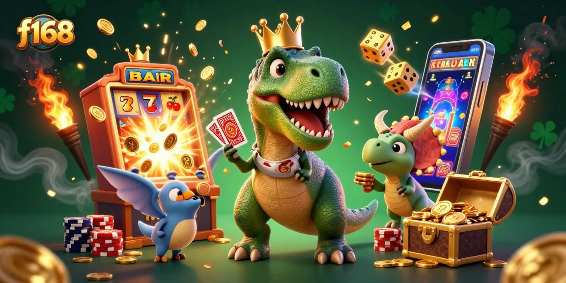 Experience thrilling games at f168 with a cartoon T-Rex, vibrant slots, and sparkling gold coins.