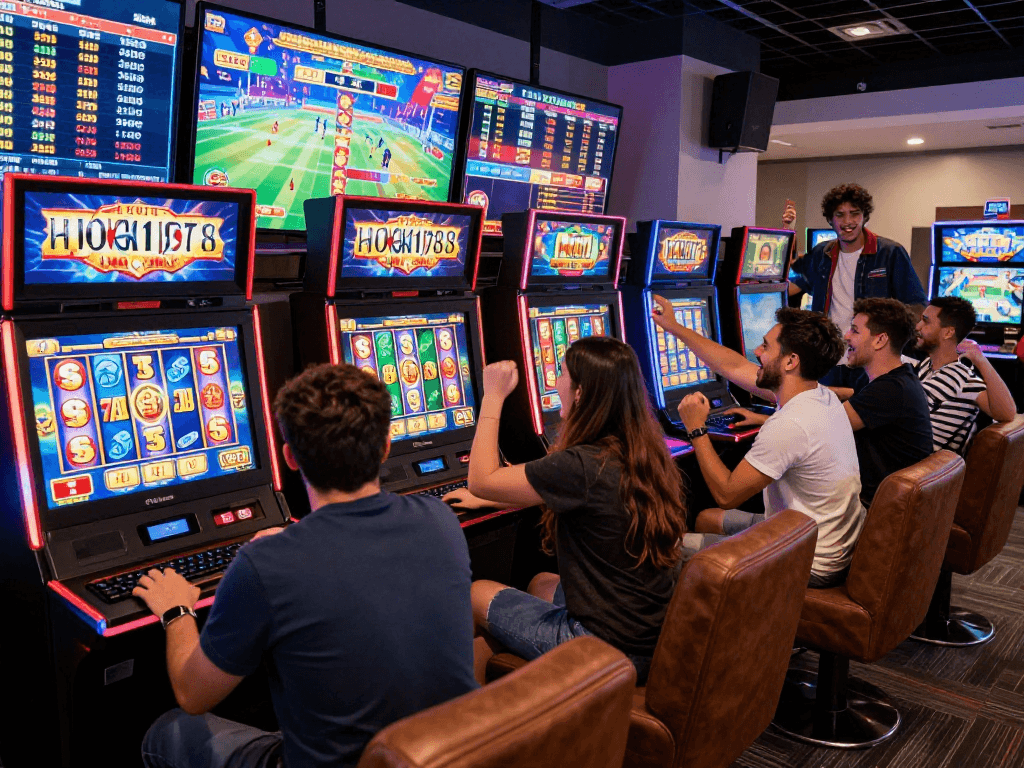 Exciting gameplay at HOKI178, showcasing vibrant slot machines and joyful players.