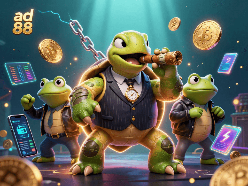 Join the excitement of ad 88 with a playful turtle and froggy enforcers in a vibrant casino scene.