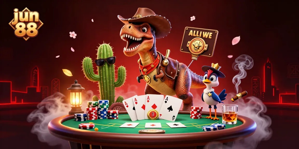 Experience dynamic poker action with jun 88 featuring a cowboy dinosaur, cactus, and roadrunner.