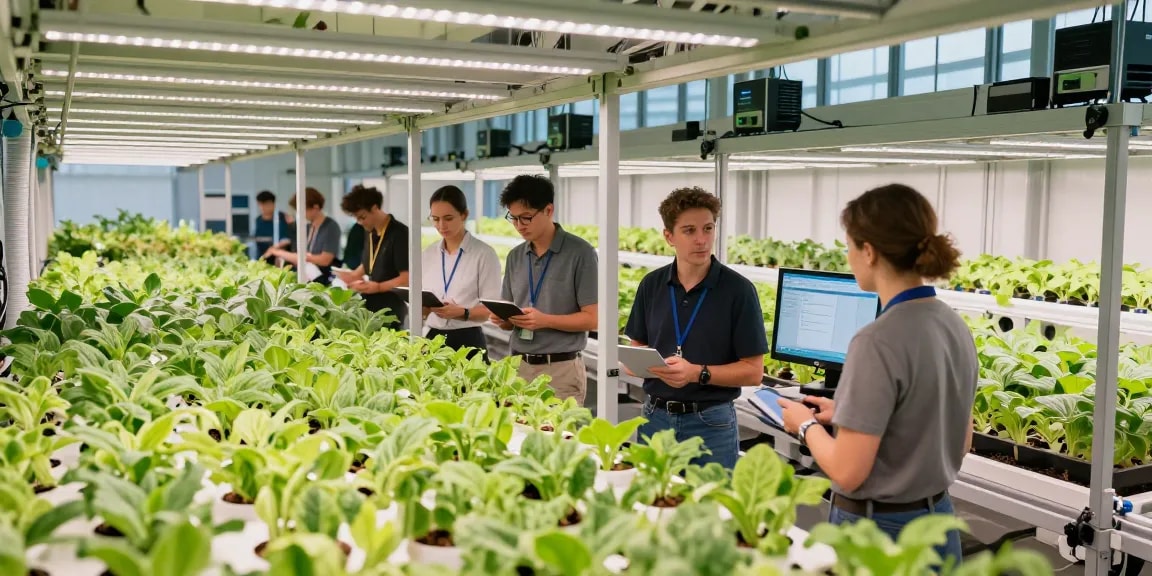 Innovative CIKA4D indoor agriculture facility featuring a team designing advanced vertical farming systems for optimal plant growth.