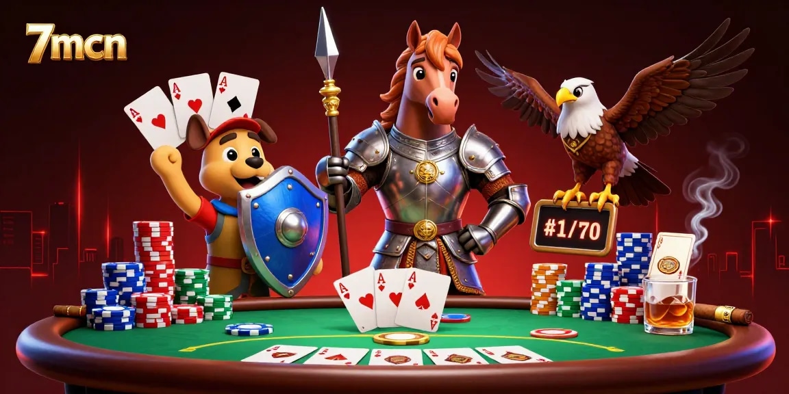 Bet on 7mcn's poker scene featuring a knight, a puppy, and a falcon in an exciting casino atmosphere.