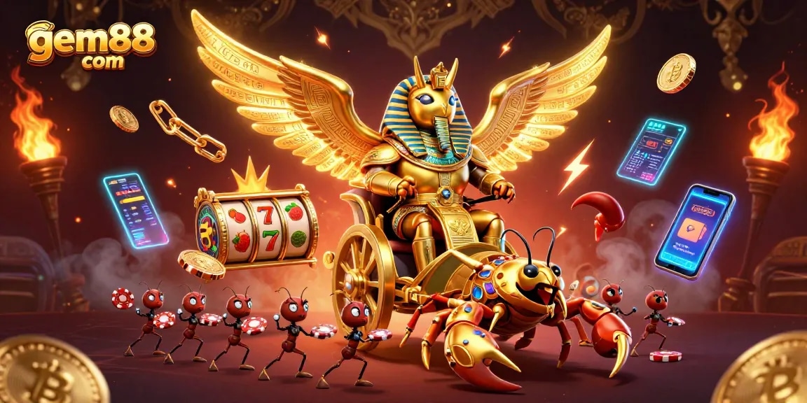 Experience thrilling gameplay at gem88 com with a golden scarab and scorpions amid vibrant slot reels.
