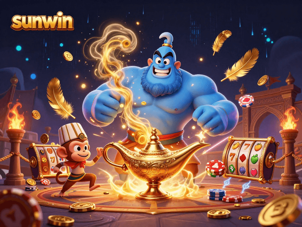 Engage with sunwin as a massive blue genie emerges, surrounded by casino elements and vibrant surroundings.