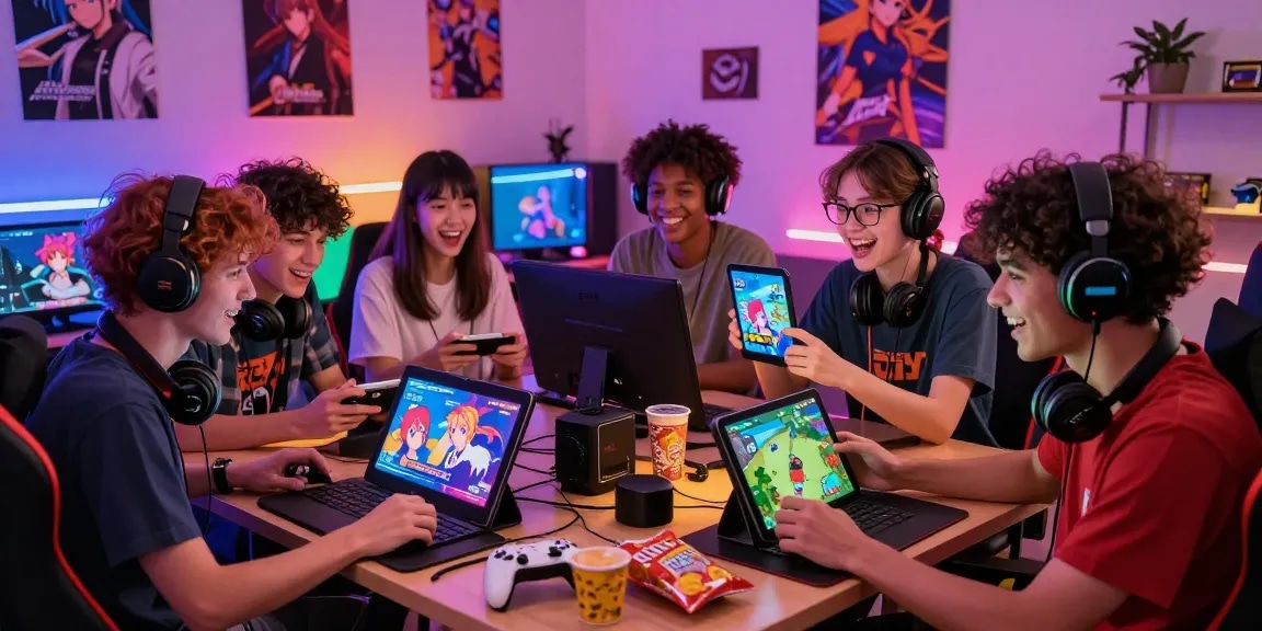Group enjoying an ecchi game session with vibrant gaming setup and devices