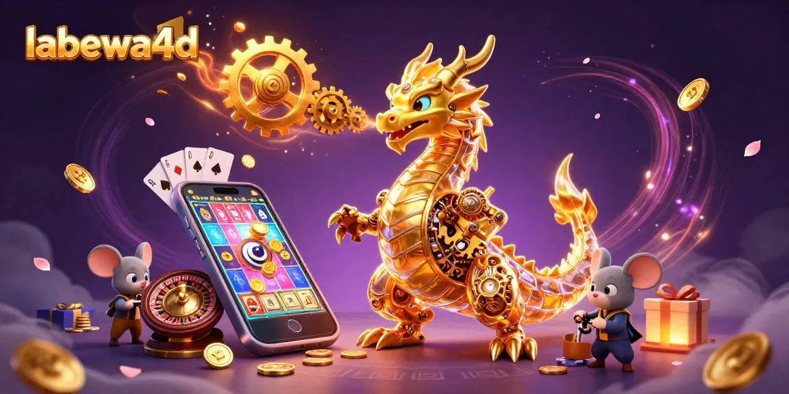labewa4d menampilkan permainan slot dengan karakter naga emas dan ulah teknik di latar belakang.