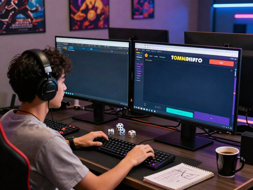 Engaged player using AMANAHTOTO online gaming platform with dual-monitor setup.