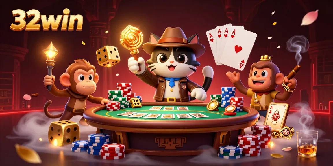 32win showcases an archaeologist cat and monkey in a vibrant casino treasure scene.