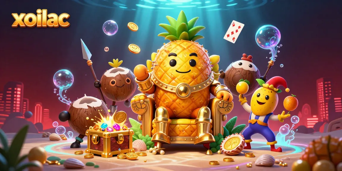 Experience the excitement of gambling with xoilac featuring a golden pineapple king, dynamic elements, and colorful gems.