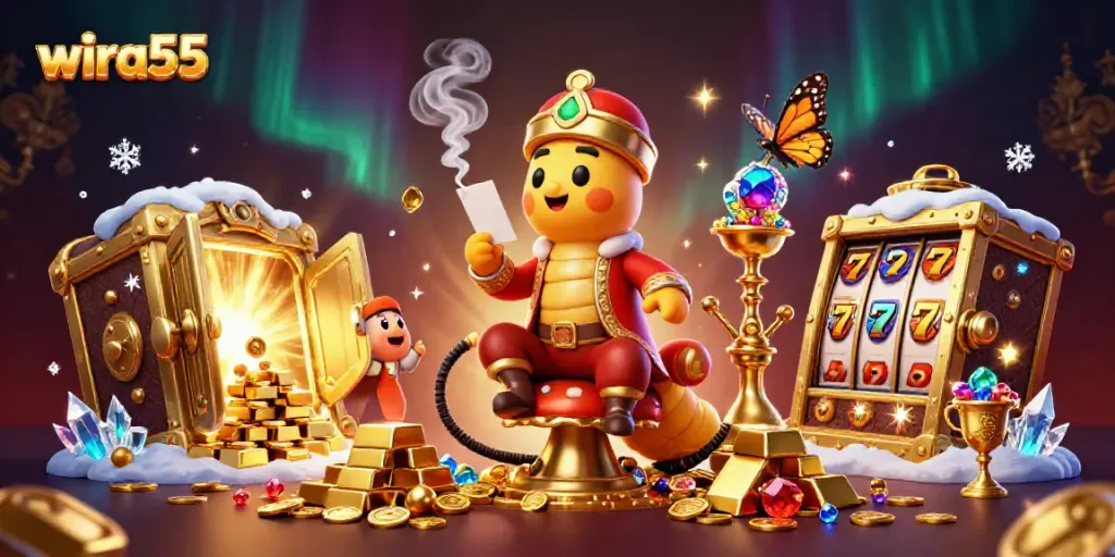 Wira55 menghadirkan ilustrasi kasino 3D yang semarak dengan elemen slot dan simbol poker.