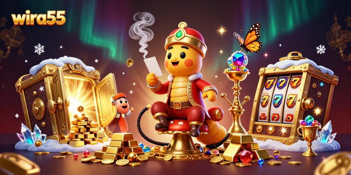 Wira55 menghadirkan ilustrasi kasino 3D yang semarak dengan elemen slot dan simbol poker.