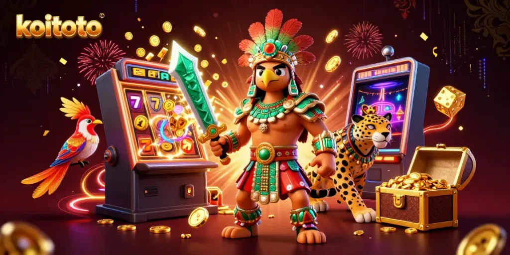 Koitoto presents an exciting scene with Aztec warriors and a jackpot explosion at a vibrant casino.