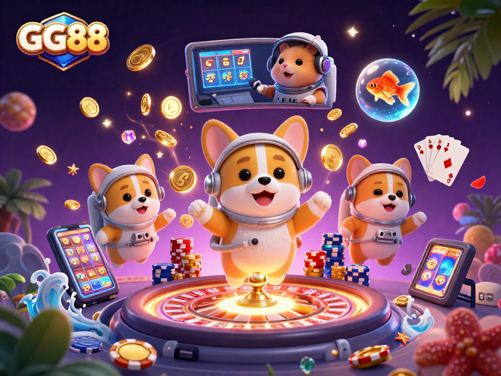 Experience the excitement of GG88 with an astronaut corgi in a vibrant casino scene.