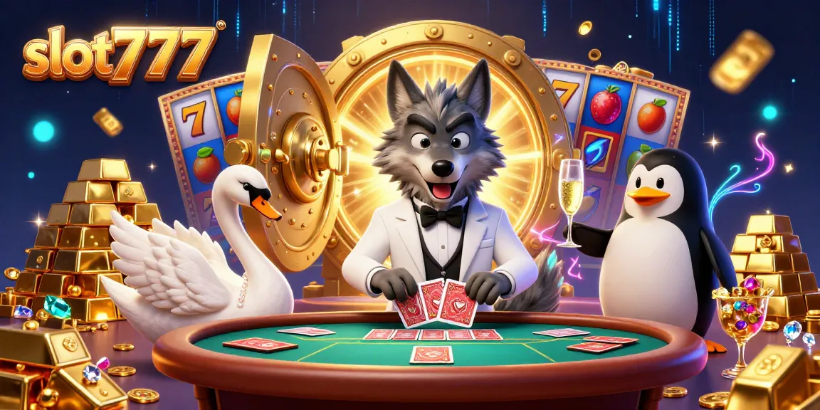 Spin with slot777 as a wolf, swan, and penguin celebrate at a vibrant baccarat table.