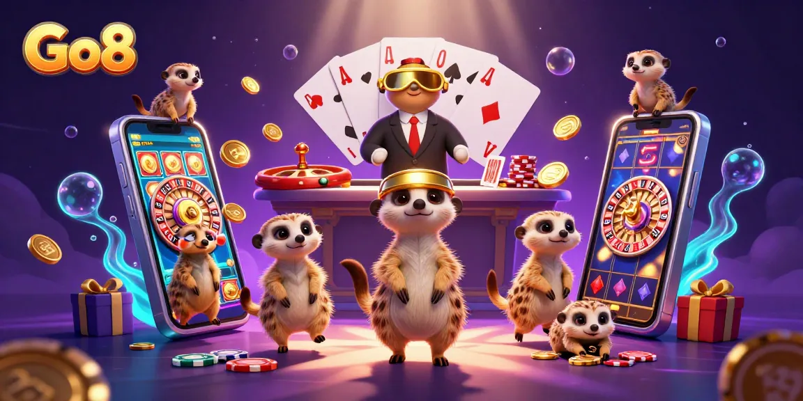 Experience the vibrant Go8 casino with meerkats engaging in thrilling gambling activities.