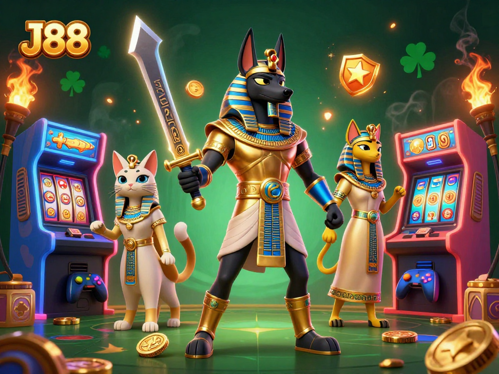Engage in thrilling gameplay at J88 with Anubis and Bastet amid vibrant casino elements.