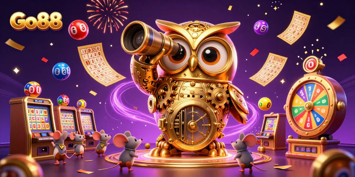 Go88 brings excitement with a vibrant casino scene featuring a golden owl and lucky charms.