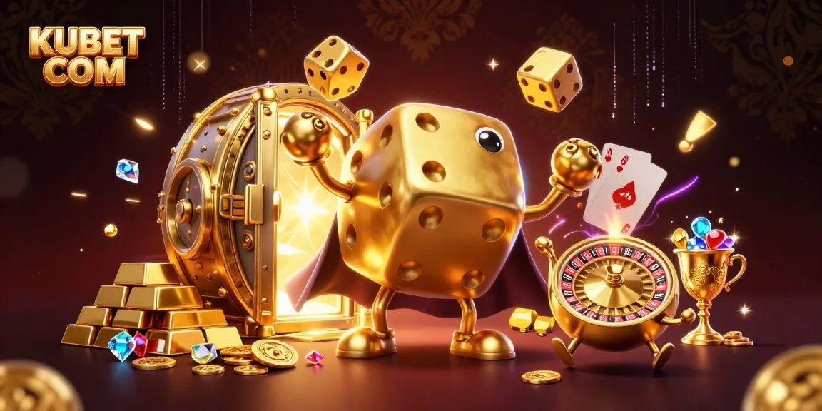 Win big with KUBET COM's dazzling casino games and gold-filled treasures in this vibrant 3D illustration.