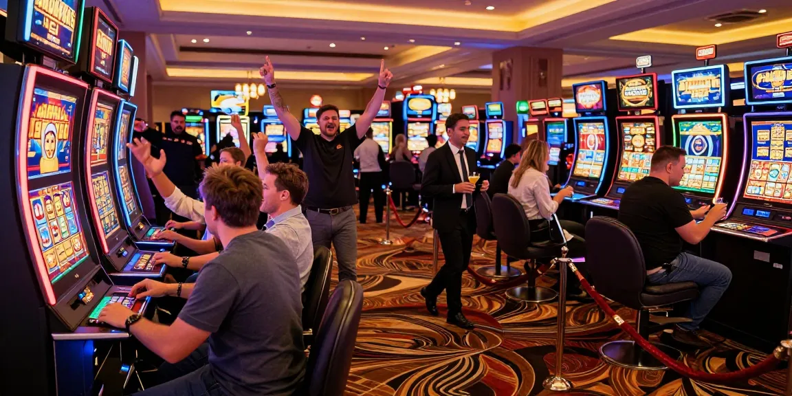 Celebrating a slot jackpot win amidst a lively casinogaming scene.