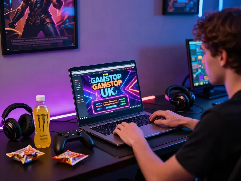 Engaging non Gamstop UK casino gaming setup with vibrant graphics and energy drinks.