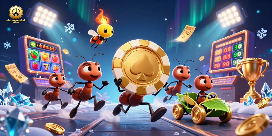 Ants heist with golden chip in ahimajournal-digital themed casino scene filled with vibrant elements.