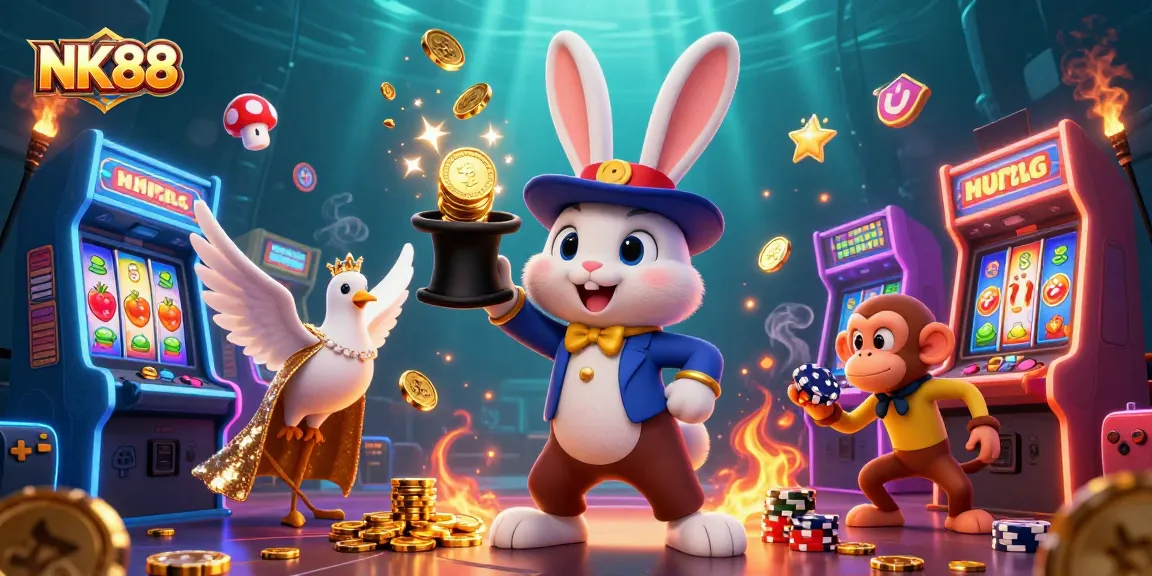 Experience the excitement at NK88 with a magician rabbit, coins, and gaming fun!
