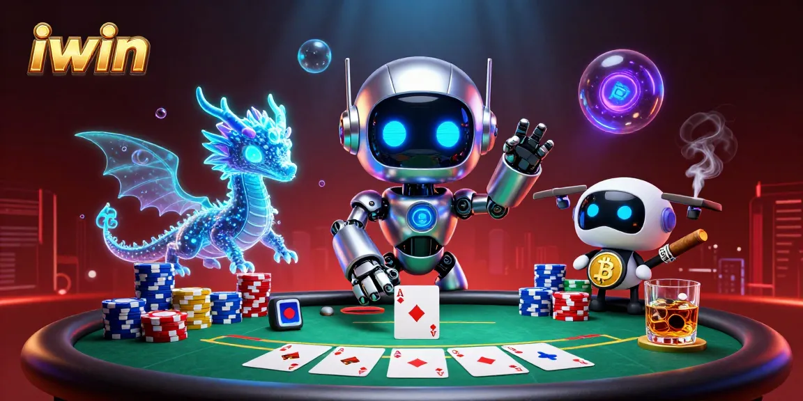iwin robots and a dragon engage players at a poker table in a vibrant casino scene.