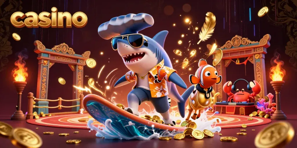 Experience the thrill of casino gaming with a vibrant 3D shark riding a wave of gold coins.
