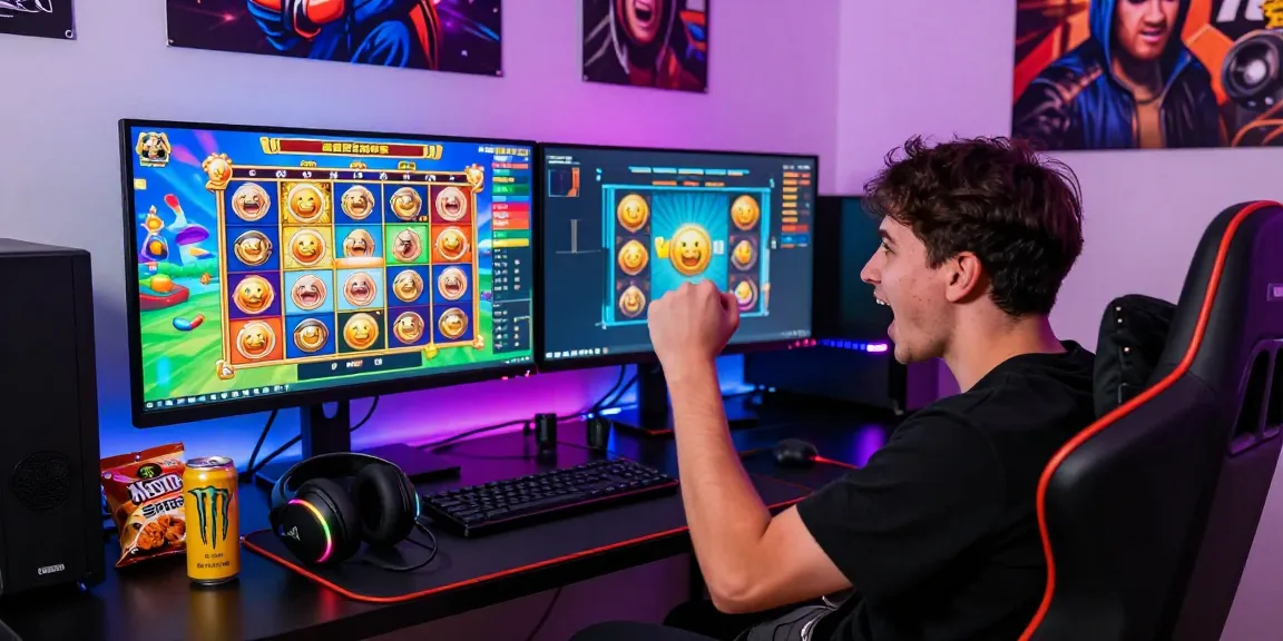 Player celebrating a win on link slot gacor with vibrant gaming setup.