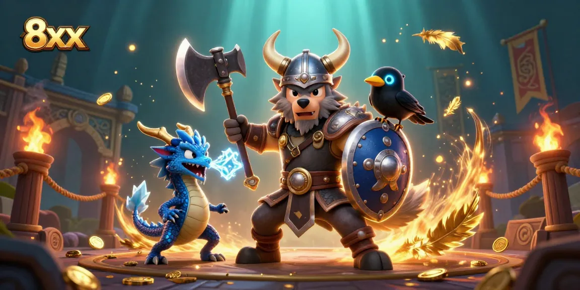 Engage with vibrant 8xx casino experience featuring a Viking wolf warrior and fierce dragon in battle.