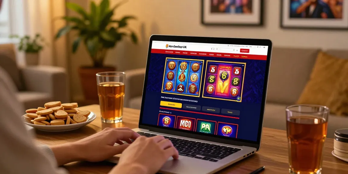 Engaging with a non Gamstop UK casino site on a laptop in a cozy home setting.