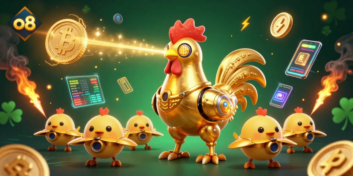 Engage with the dynamic o8 golden rooster robot and chick drones amidst vibrant crypto elements.