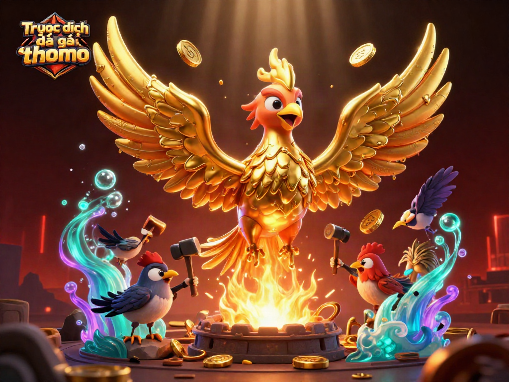 Experience Trực tiếp đá gà thomo live-action excitement with a powerful illustration of a molten golden phoenix and dynamic cockfighting elements.