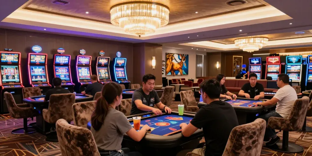 Non Gamstop UK casino gaming lounge with players at tables and vibrant slot machines.