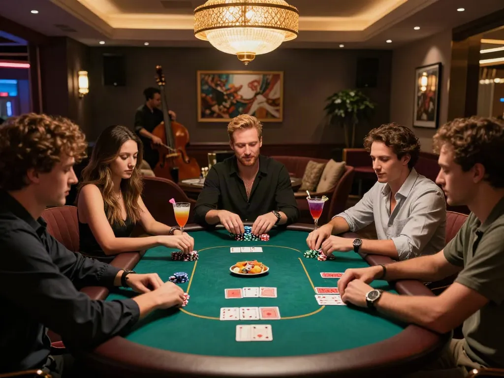 Friends enjoying a non gamstop UK casino poker night with vibrant décor and cocktails.