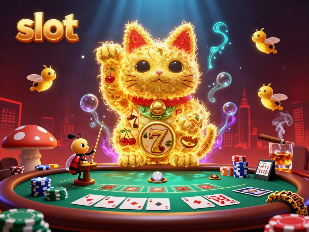 Win big with slots featuring a golden lucky cat and poker elements in an engaging casino scene.