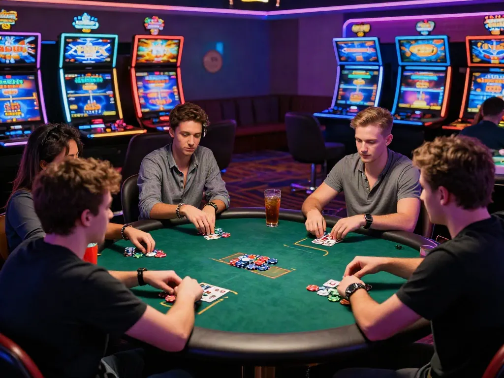 Engaged players at a non GamStop UK casino enjoying a lively poker game with colorful gaming machines.