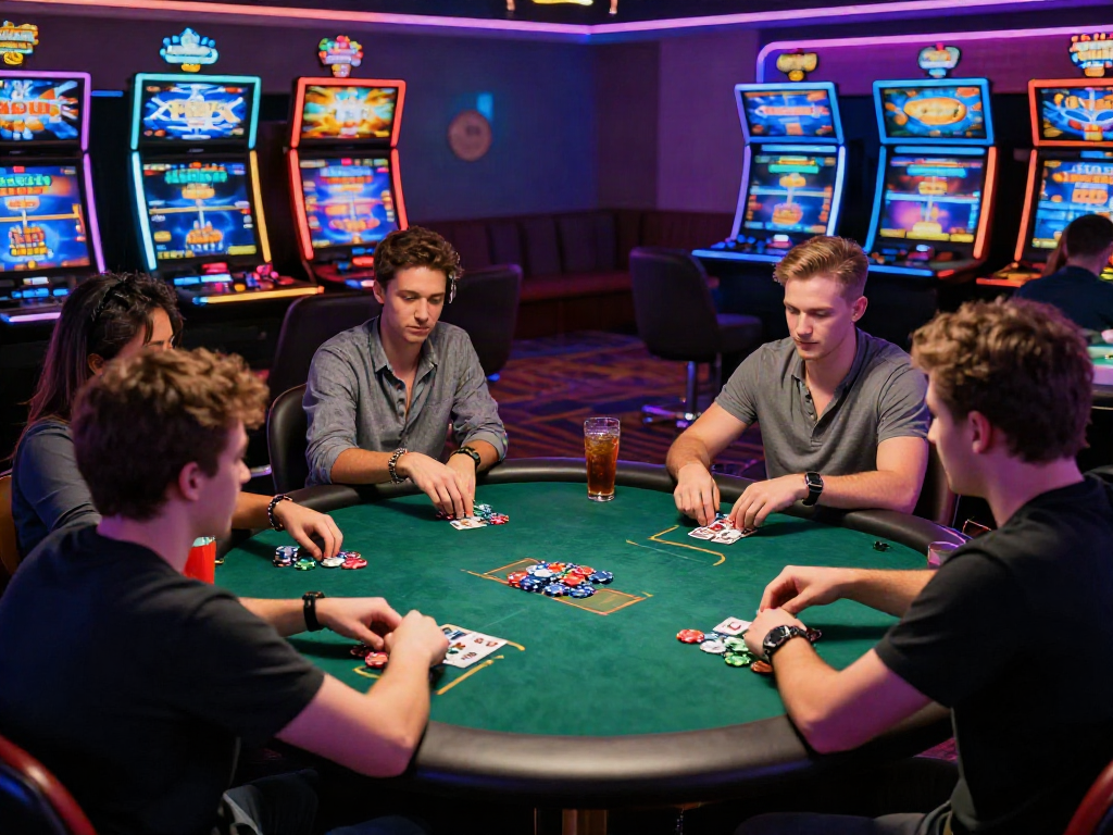Engaged players at a non GamStop UK casino enjoying a lively poker game with colorful gaming machines.
