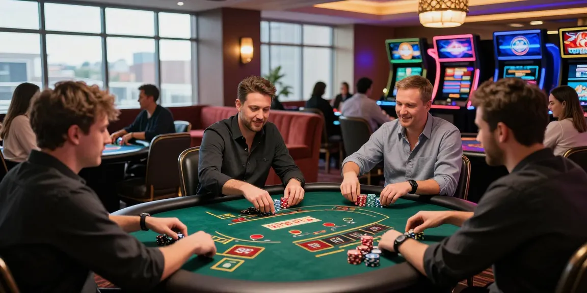 Players enjoying games at a non Gamstop UK casino with vibrant atmosphere and city views.