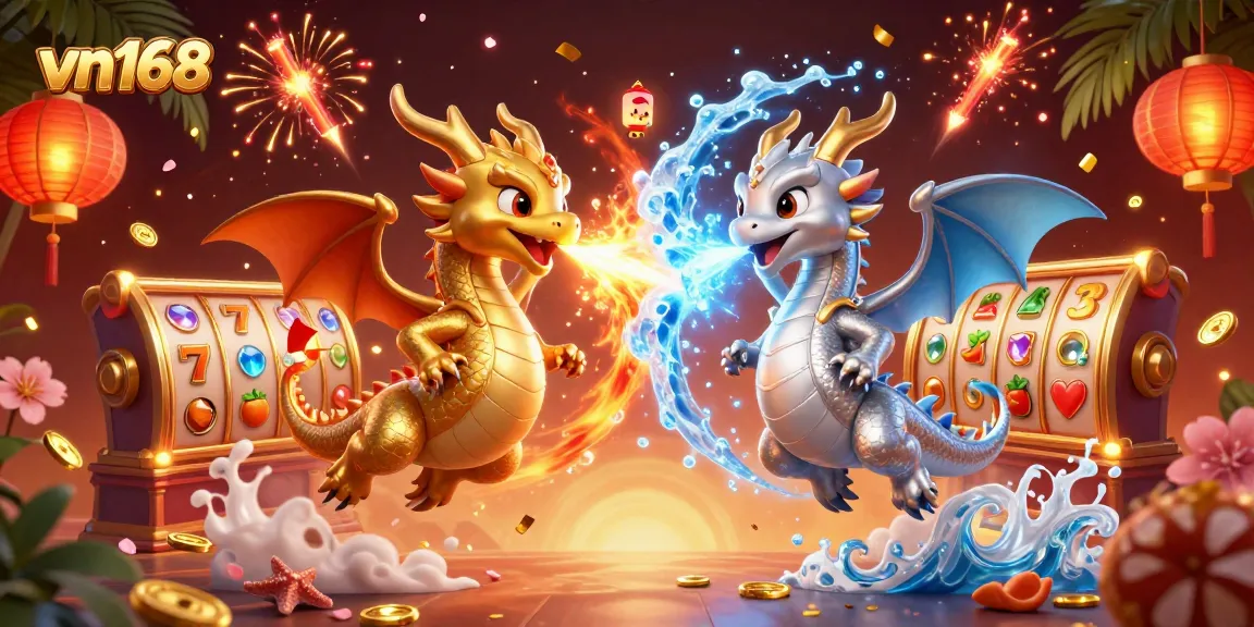 Spin to win with vn168's vibrant 3D slot game scene featuring dragons and festive elements.
