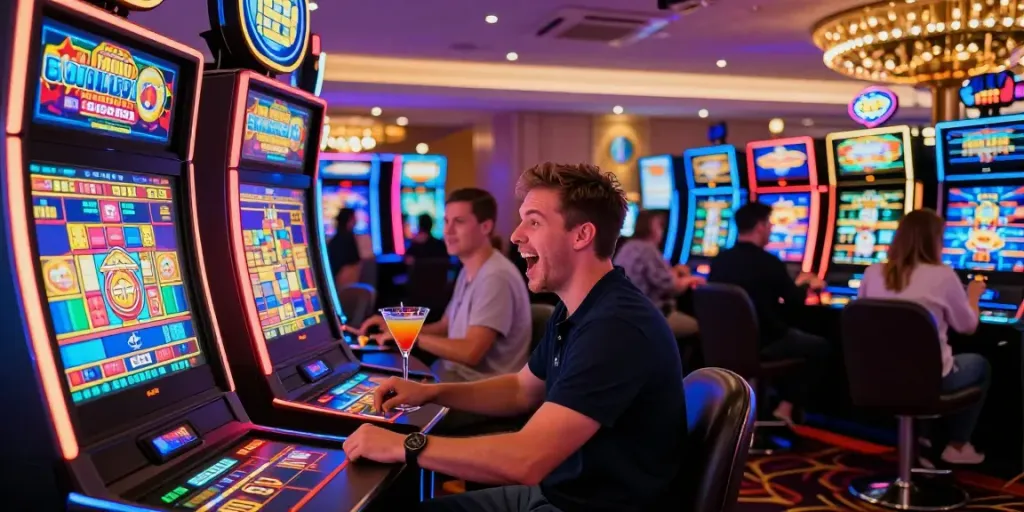 Exciting scene of a player enjoying a non Gamstop UK casino with bright neon lights