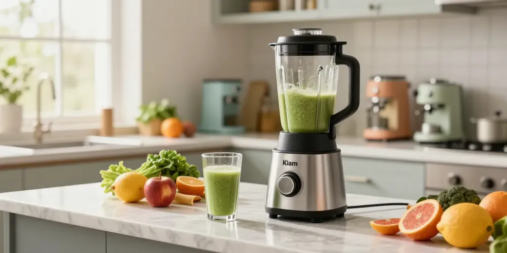 Vibrant kitchen with Kiam Blender preparing smoothies with fresh fruits.