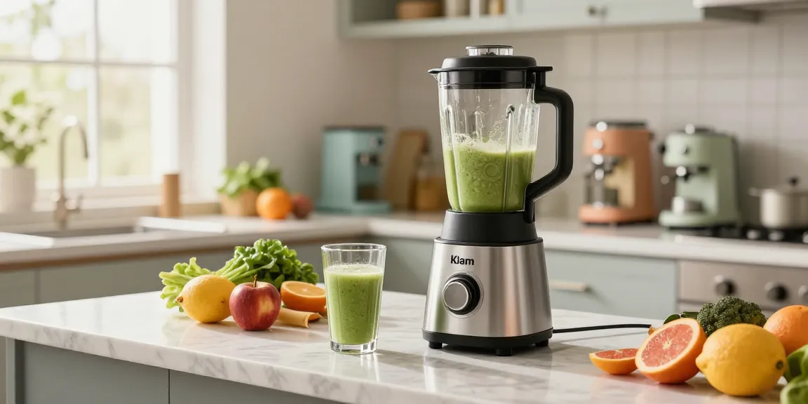 Vibrant kitchen with Kiam Blender preparing smoothies with fresh fruits.