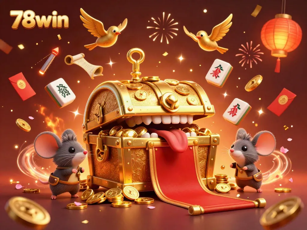 Engaging treasure chest inviting players to 78win with festive Chinese elements and fireworks