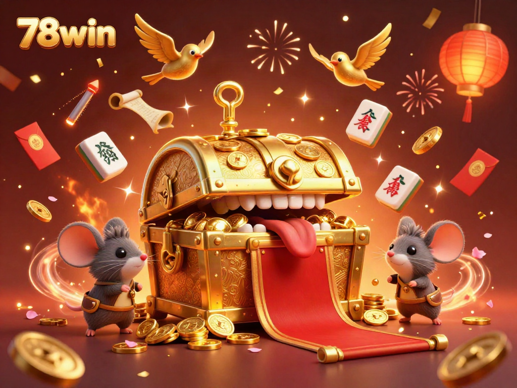 Engaging treasure chest inviting players to 78win with festive Chinese elements and fireworks