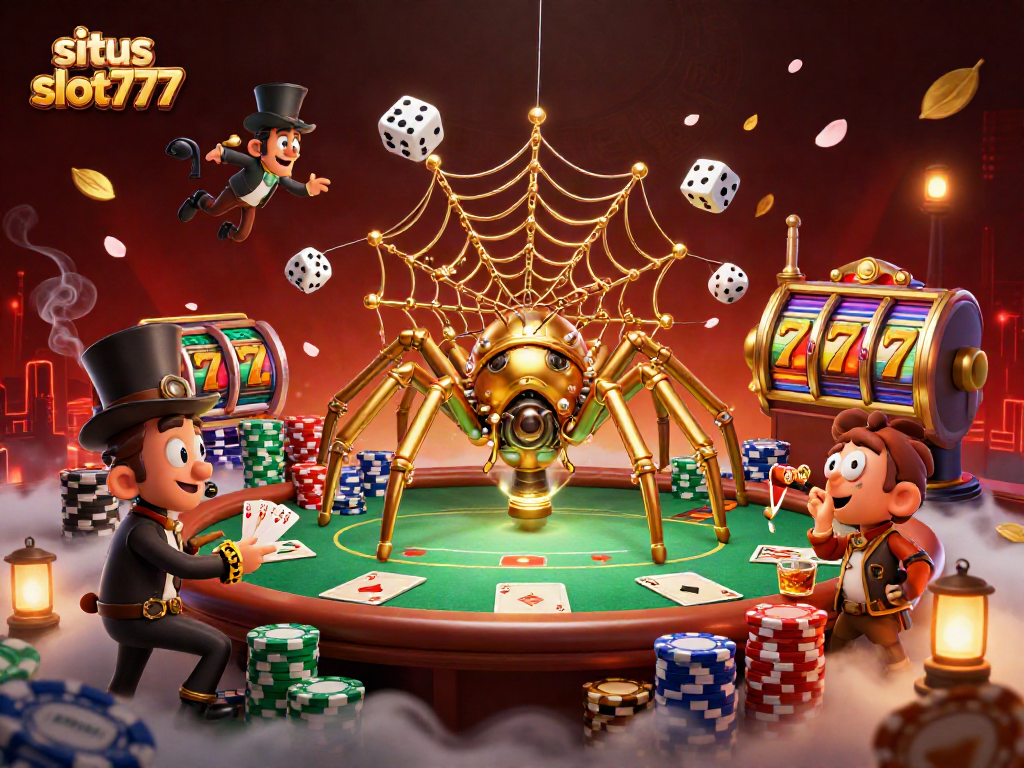 Engage with situs slot777 featuring a playful steampunk spider and Victorian fly in a vibrant casino scene.