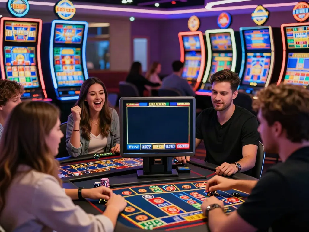 Exciting non Gamstop UK casino scene with diverse players engaging in gaming activities and vibrant atmosphere.