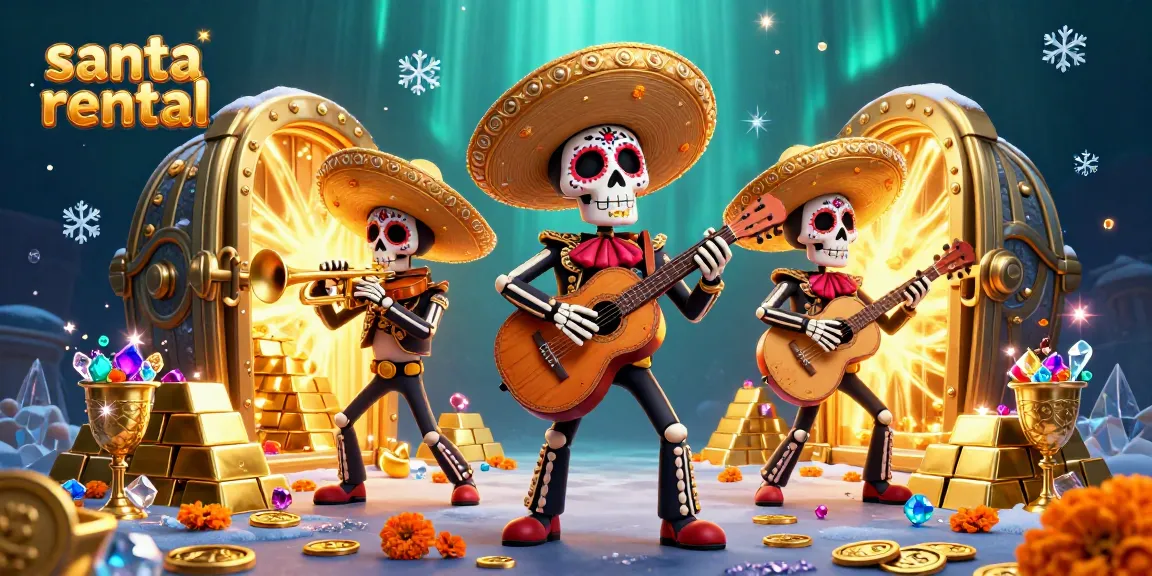 Experience the magic of santa rental with vibrant mariachi skeletons, treasure elements, and festive details.