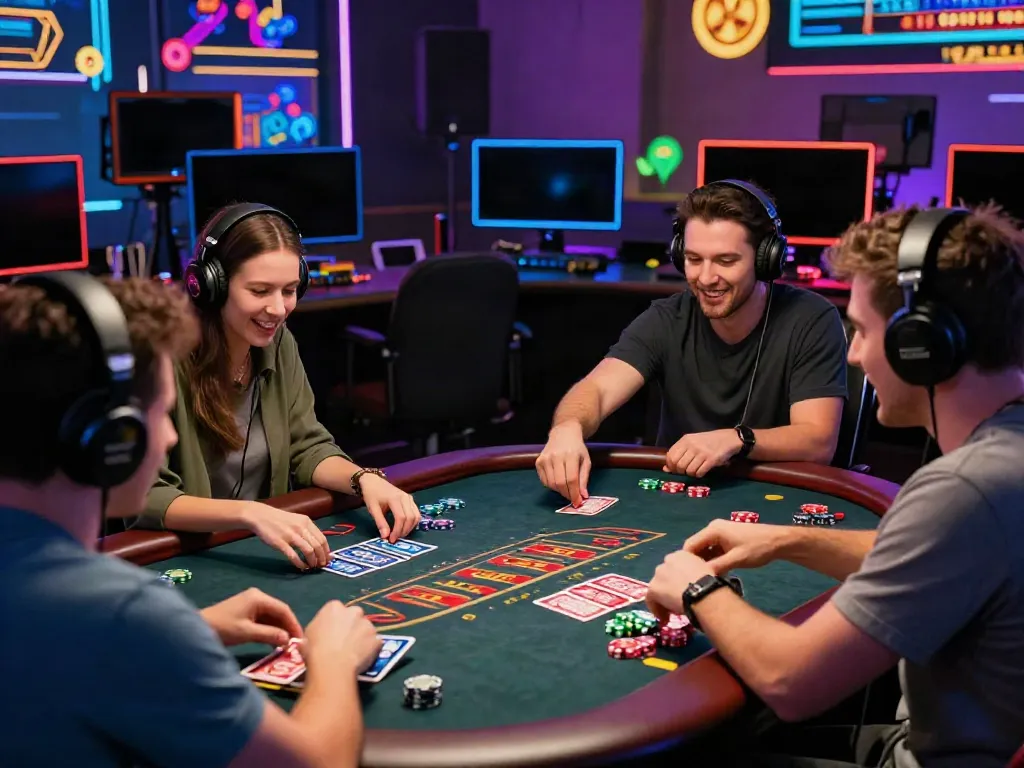Exciting non Gamstop UK casino gaming scene with players at a virtual blackjack table.