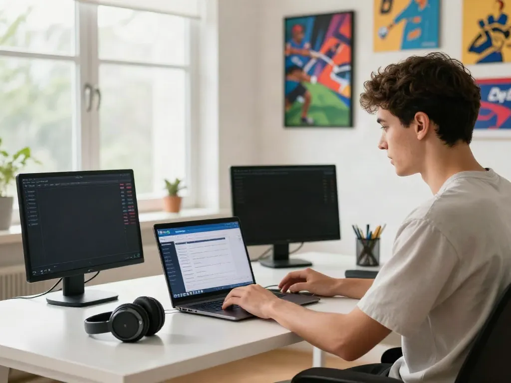 Engaged user interacting with the 8xbet betting platform in a bright modern home office.